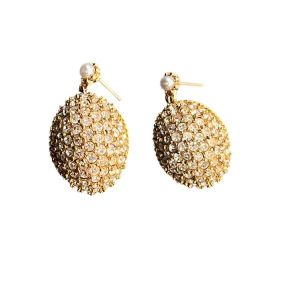 Oscar de la renta Signed Crystal Dome Pearl Drop Repurposed Earrings Repaired - Picture 2 of 8